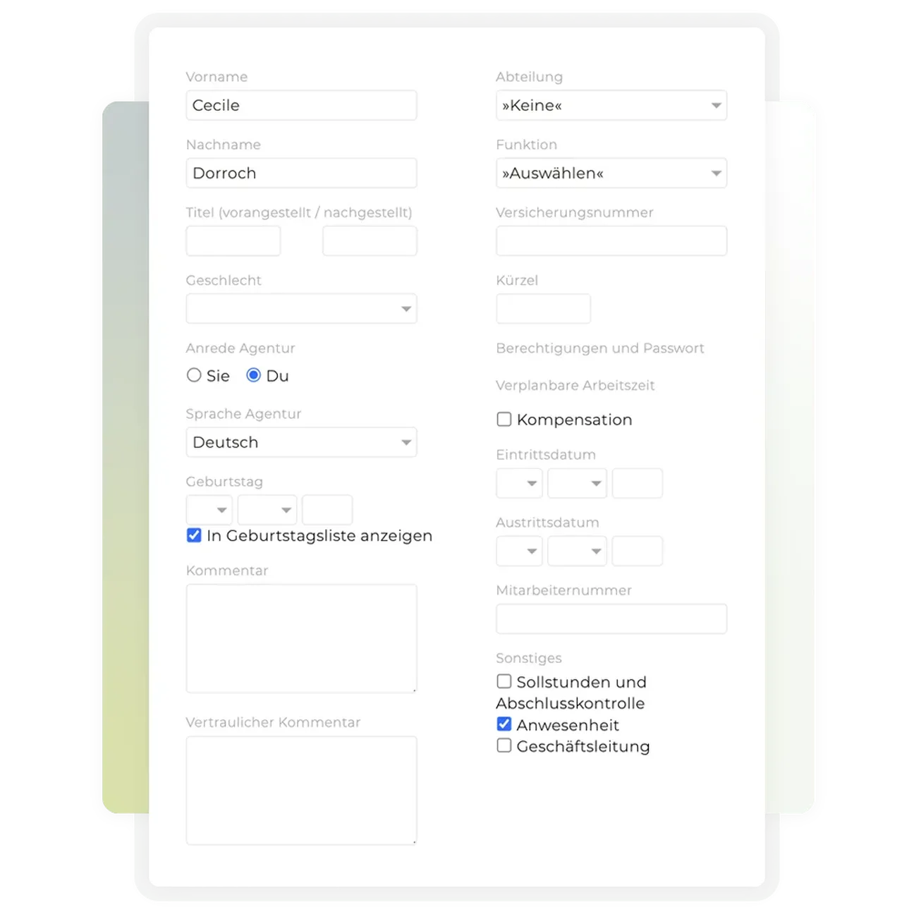 Teambox | Maske zum Hinzufügen von neuen Mitarbeitenden samt aller relevanten Daten wie Arbeitszeiten, Stundensätze, Berechtigungen, Urlaubsansprüche, Kürzel und mehr.
