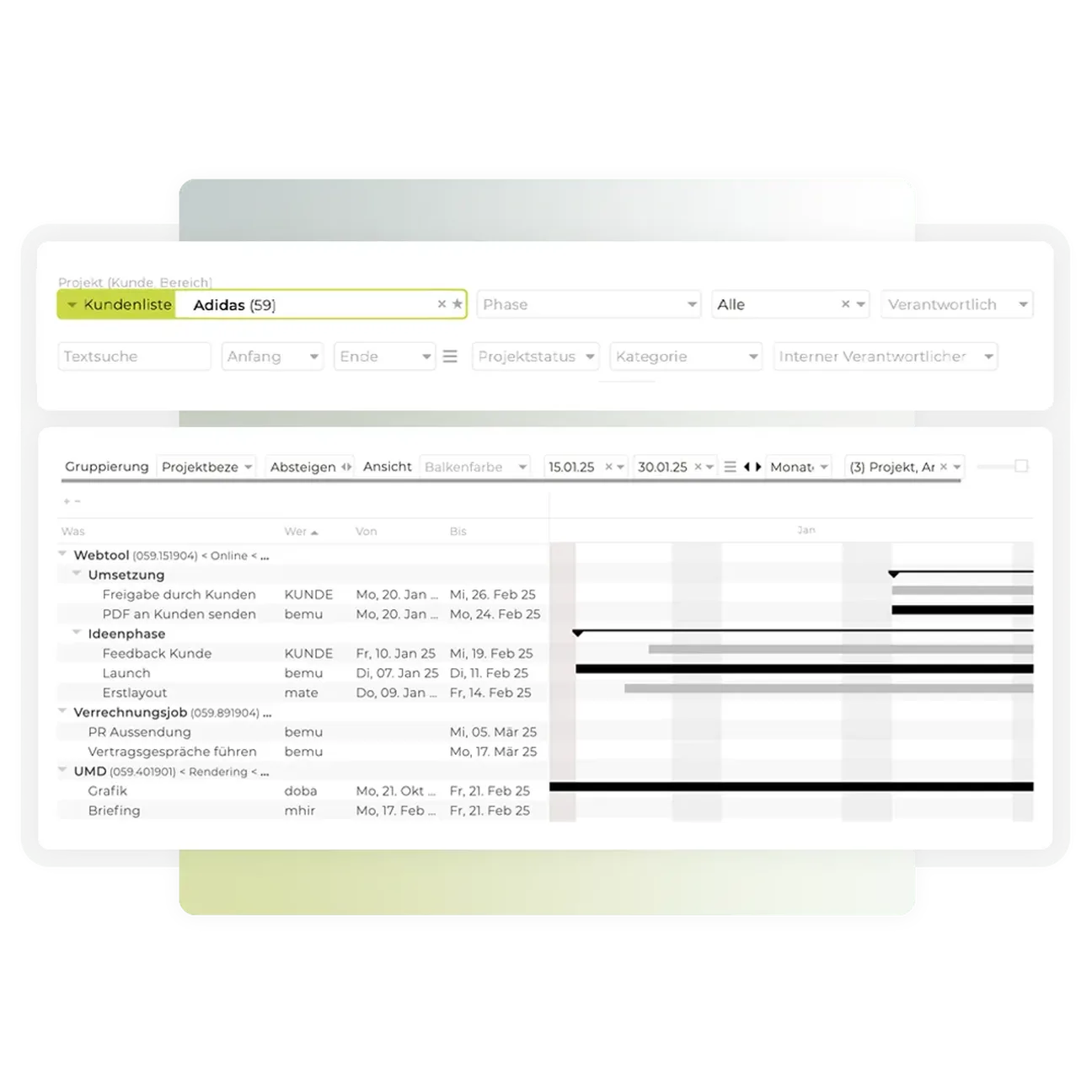 Teambox | Gantt-Chart zur Projektplanung in TEAMBOX, eingeplante Projekte übersichtlich im Balkendiagramm zeitlich dargestellt.