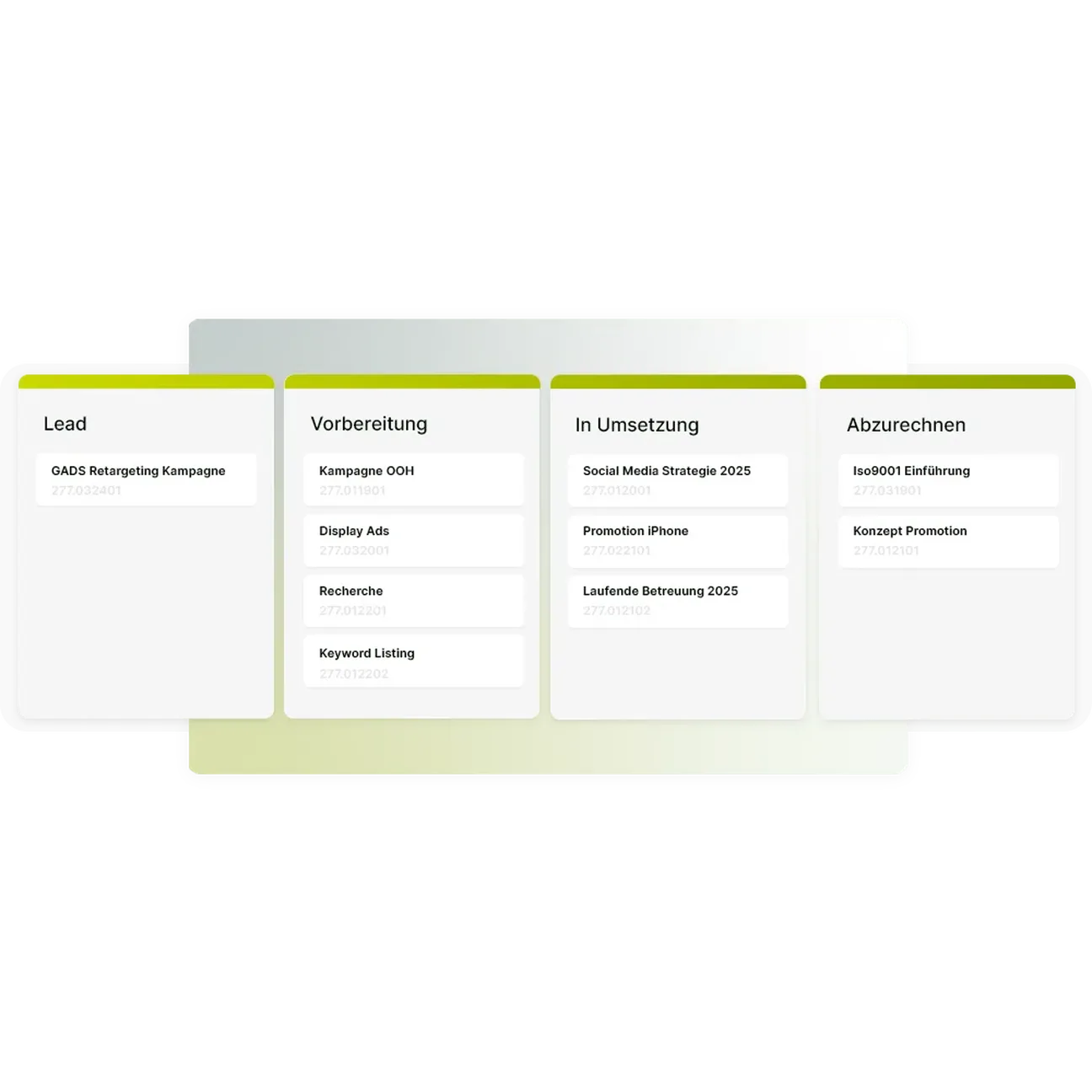 Teambox | Statusboard, das zeigt, welche Projekte noch nicht final beauftragt sind, sich in Umsetzung befinden oder abgerechnet werden können.